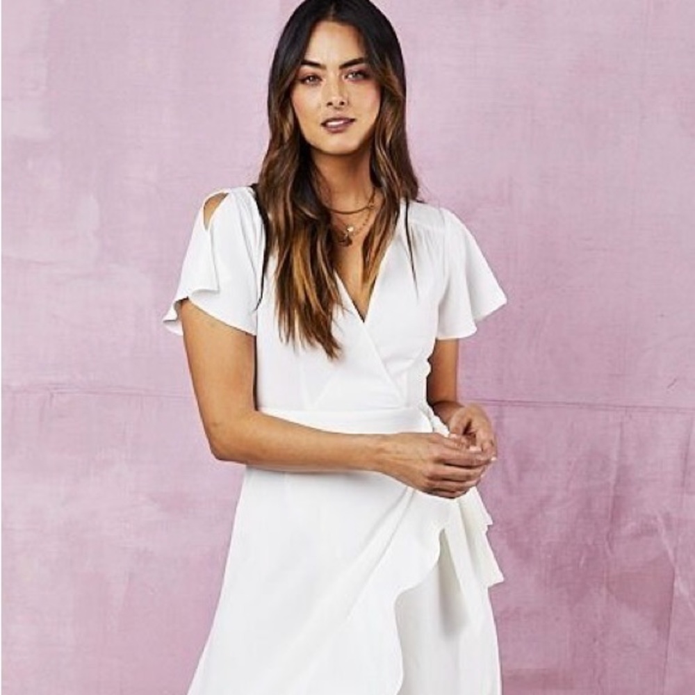 Altar’d State White‎ Wrap Midi Dress L Flutter Sleeve Tie Bride Bachelorette